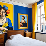 **A vibrant hotel room in Amsterdam, the walls covered in expressive, colorful murals reminiscent of modern Dutch Masters. Deep blues and bright yellows dominate, creating a sense of energy and tranquility. Art supplies scattered around, evoking a creative haven.**