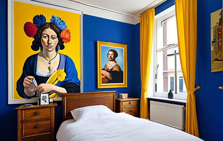 **A vibrant hotel room in Amsterdam, the walls covered in expressive, colorful murals reminiscent of modern Dutch Masters. Deep blues and bright yellows dominate, creating a sense of energy and tranquility. Art supplies scattered around, evoking a creative haven.**
