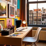 **Prompt:** A stylish hotel room in Amsterdam, designed by a local artist. The room features colorful murals, unique furniture pieces, and large windows overlooking the canals. Art supplies are scattered on a desk. Golden Hour lighting.