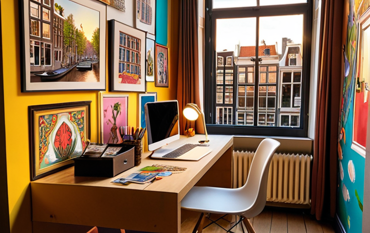 **Prompt:** A stylish hotel room in Amsterdam, designed by a local artist. The room features colorful murals, unique furniture pieces, and large windows overlooking the canals. Art supplies are scattered on a desk. Golden Hour lighting.