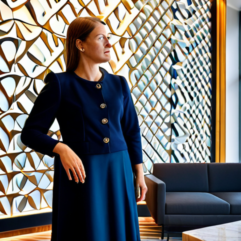 A professional hotel guest, fully clothed in elegant modest business casual attire, stands in the avant-garde lobby of a luxury art hotel in the Netherlands. They are observing a large, abstract installation made of mixed, sustainable materials, illuminated by dynamic, artistic lighting that subtly changes its appearance. The lobby features clean, modern design, with subtle hints of interactive digital art on nearby walls. The atmosphere is sophisticated and inspiring. The image captures perfect anatomy, correct proportions, well-formed hands, and a natural pose. This is a safe for work, appropriate content, family-friendly, professional photograph, high quality, studio lighting.