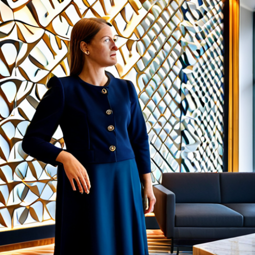 Home 8 A professional hotel guest, fully clothed in elegant modest business casual attire, stands in the avant-garde lobby of a luxury art hotel in the Netherlands. They are observing a large, abstract installation made of mixed, sustainable materials, illuminated by dynamic, artistic lighting that subtly changes its appearance. The lobby features clean, modern design, with subtle hints of interactive digital art on nearby walls. The atmosphere is sophisticated and inspiring. The image captures perfect anatomy, correct proportions, well-formed hands, and a natural pose. This is a safe for work, appropriate content, family-friendly, professional photograph, high quality, studio lighting.