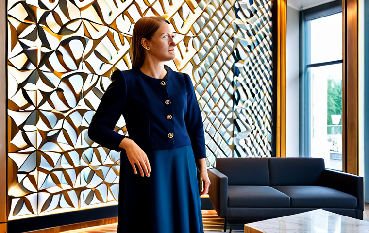 A professional hotel guest, fully clothed in elegant modest business casual attire, stands in the avant-garde lobby of a luxury art hotel in the Netherlands. They are observing a large, abstract installation made of mixed, sustainable materials, illuminated by dynamic, artistic lighting that subtly changes its appearance. The lobby features clean, modern design, with subtle hints of interactive digital art on nearby walls. The atmosphere is sophisticated and inspiring. The image captures perfect anatomy, correct proportions, well-formed hands, and a natural pose. This is a safe for work, appropriate content, family-friendly, professional photograph, high quality, studio lighting.